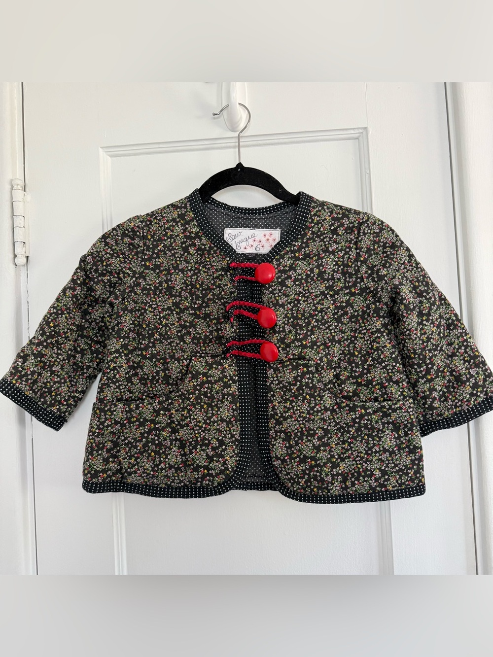 Handmade Vintage Black Floral Quilted Girls' Jacket with Red Button Details Sz 6